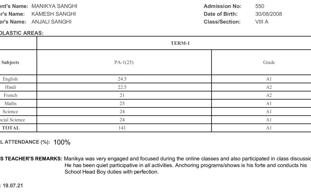 Manikya received 94% marks in Grade 8 Periodic Exams