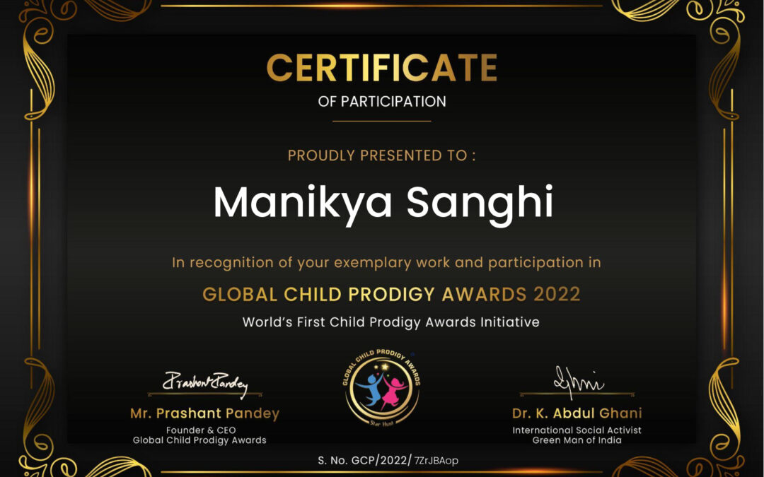 Manikya receives Certificate from Global Child Prodigy Awards